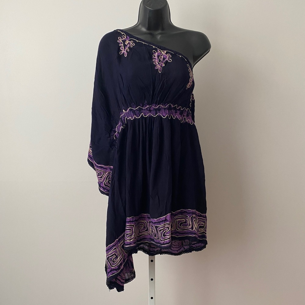 Fashion Terminal  Boho Beachy Relaxed Ethereal One Shoulder Tunic OS Purple